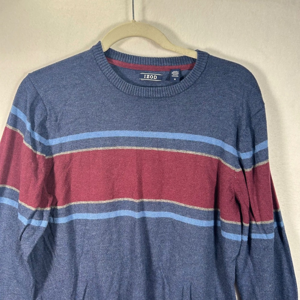 IZOD Mens Striped Crewneck Sweater Blue Burgundy Grey Cotton Wool Blend Medium